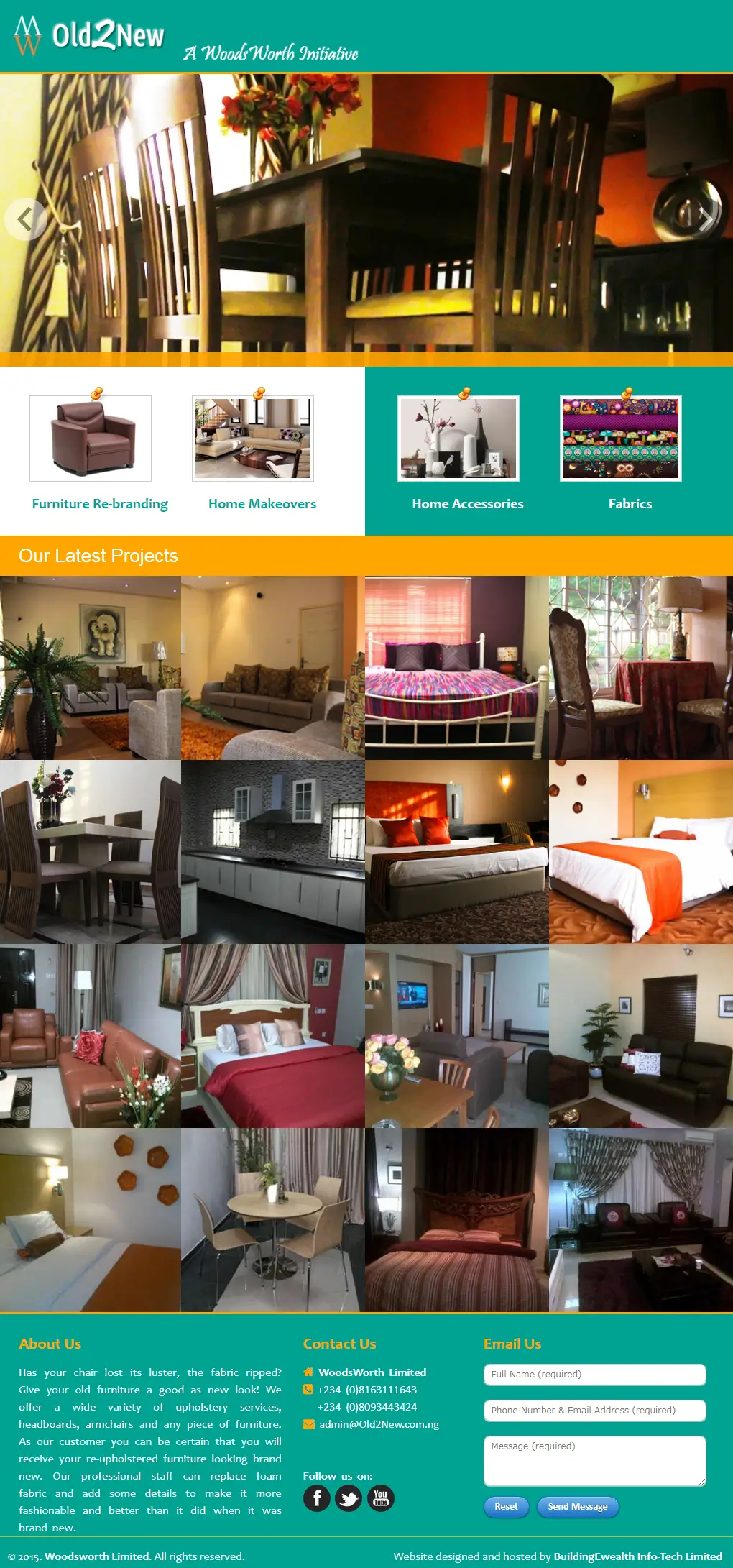 Old2New Furniture website homepage showing furniture rebranding, home makeovers and interior décor projects