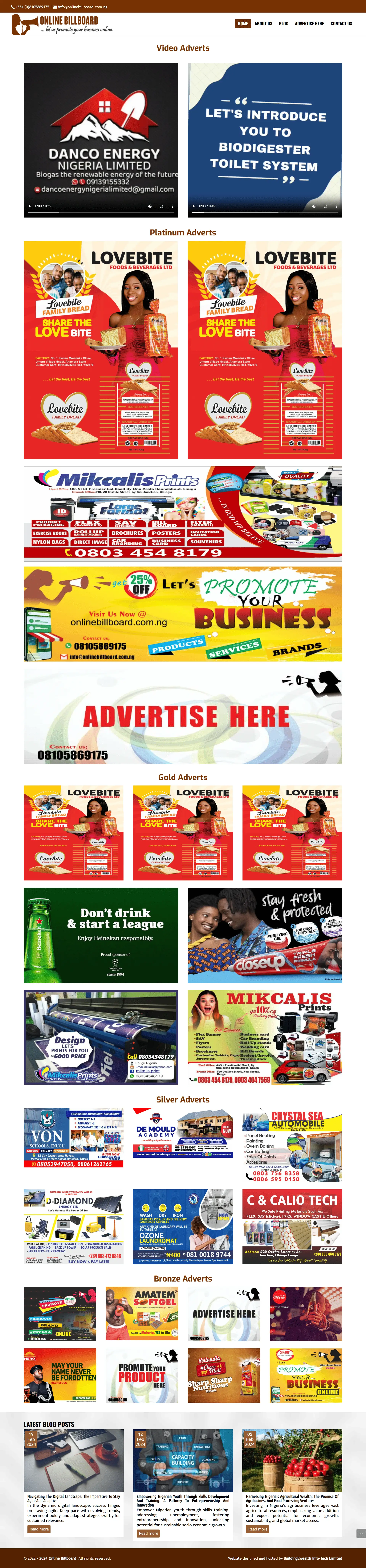 Online Billboard Advertising website homepage showing video adverts, sponsored banner ads, advert categories, and blog posts
