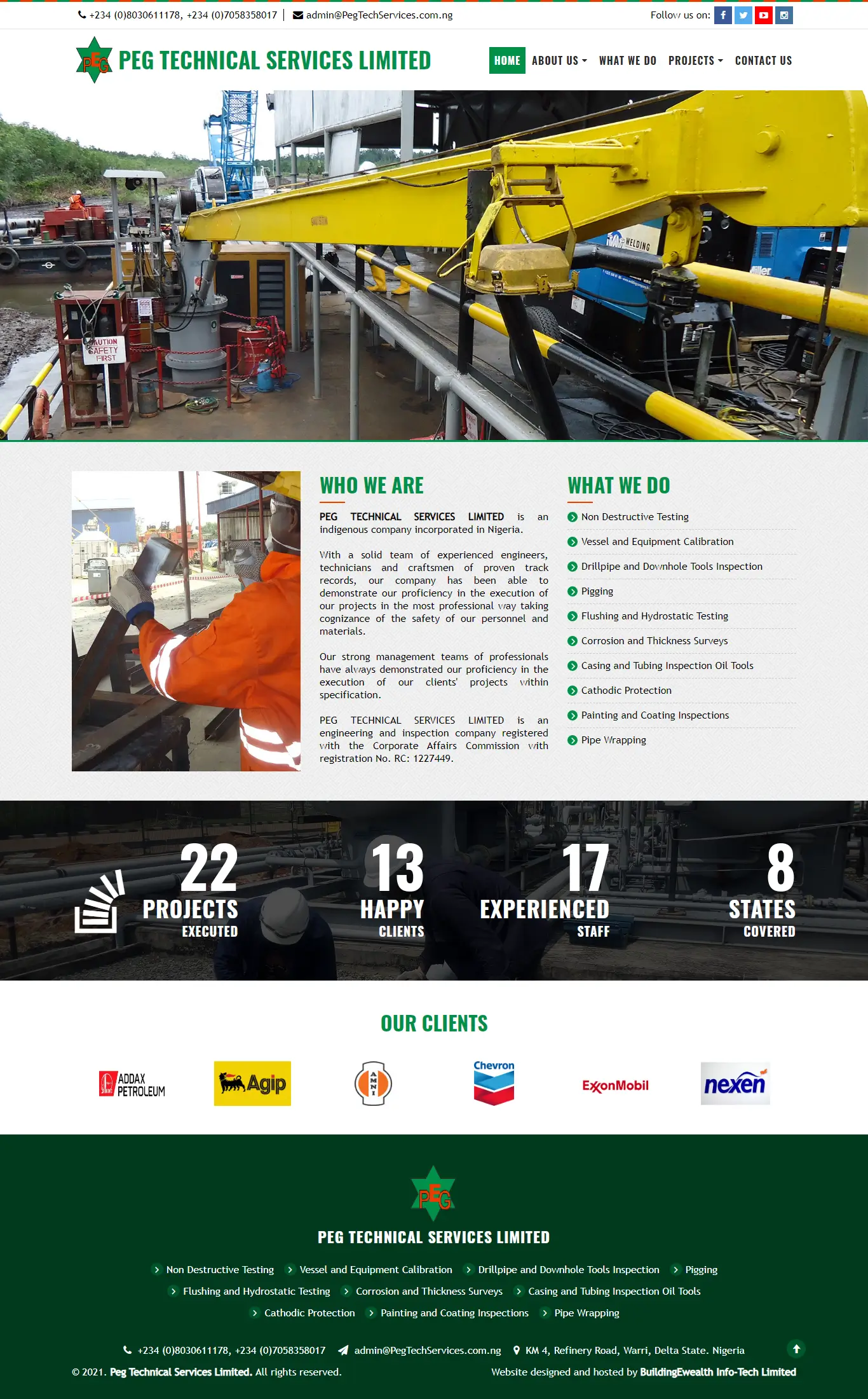 Peg Technical Services Limited Engineering website homepage showing its proflle, inspection services and industrial projects