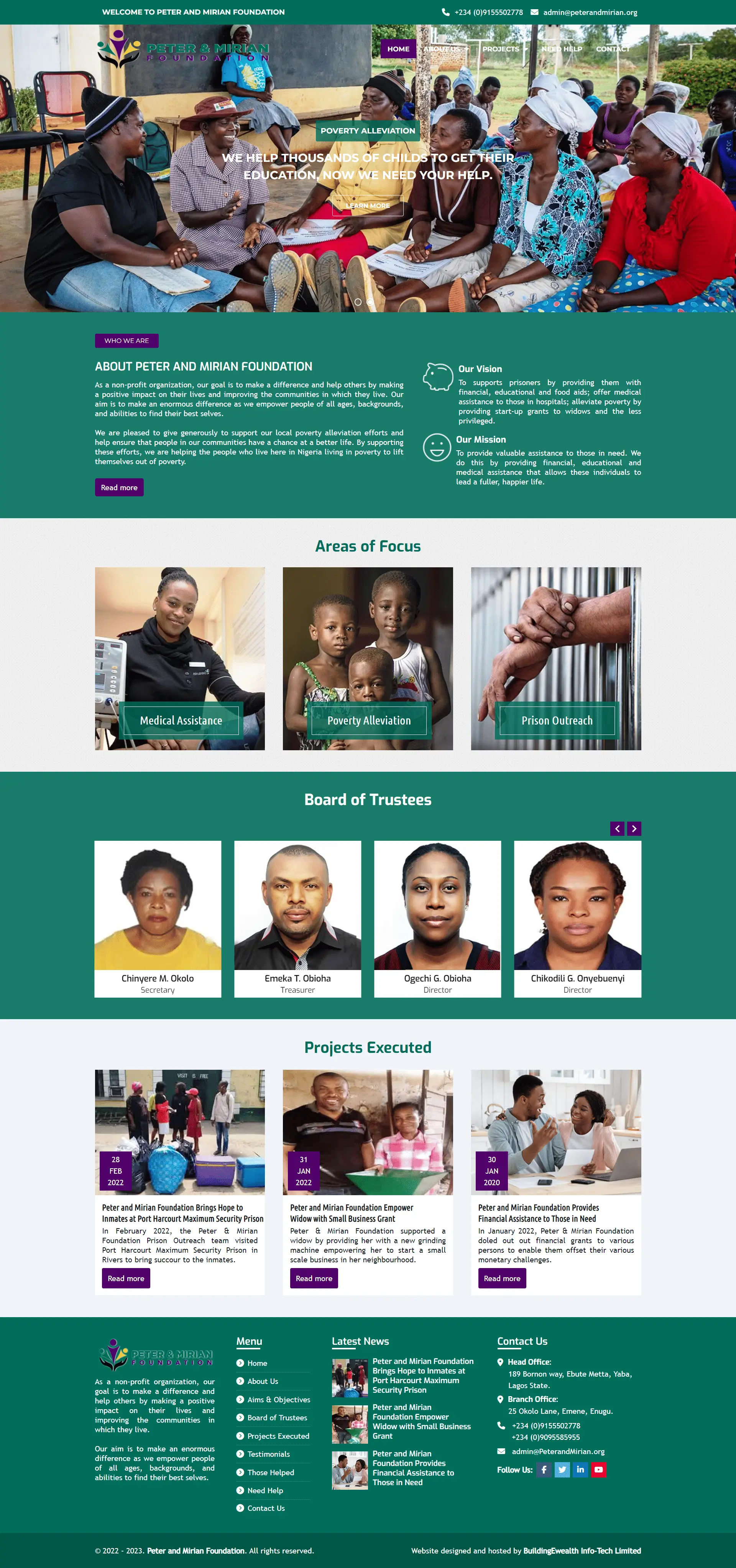 Peter and Mirian Foundation Nonprofit website homepage showing poverty alleviation programs, projects executed, and focus areas