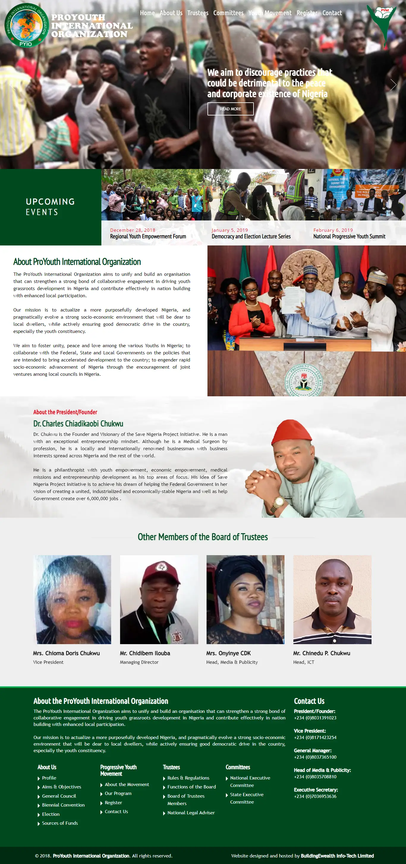 ProYouth International Organization Nonprofit website homepage showing youth empowerment events, its board, and upcoming programs