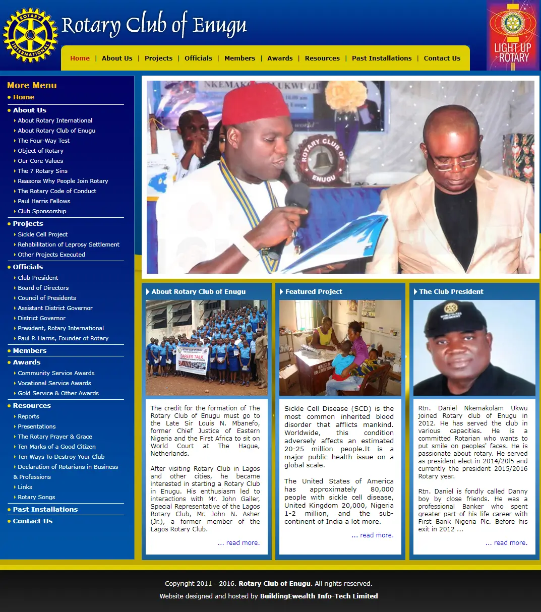 Rotary Club of Enugu Associations website homepage showing club projects, leadership profiles, awards, and community outreach