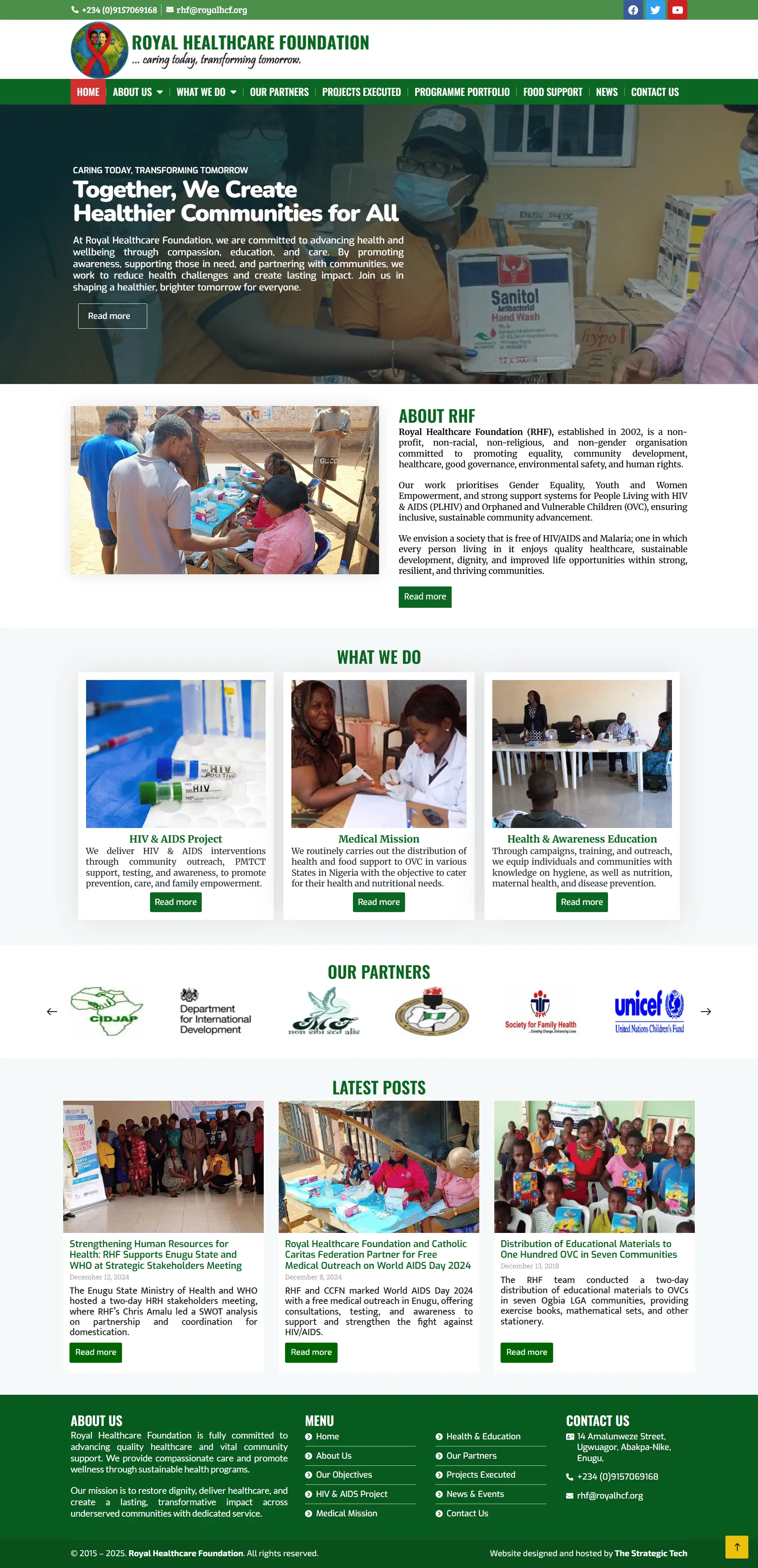 Royal Healthcare Foundation Nonprofit website homepage showing healthcare outreach, medical missions, and community projects
