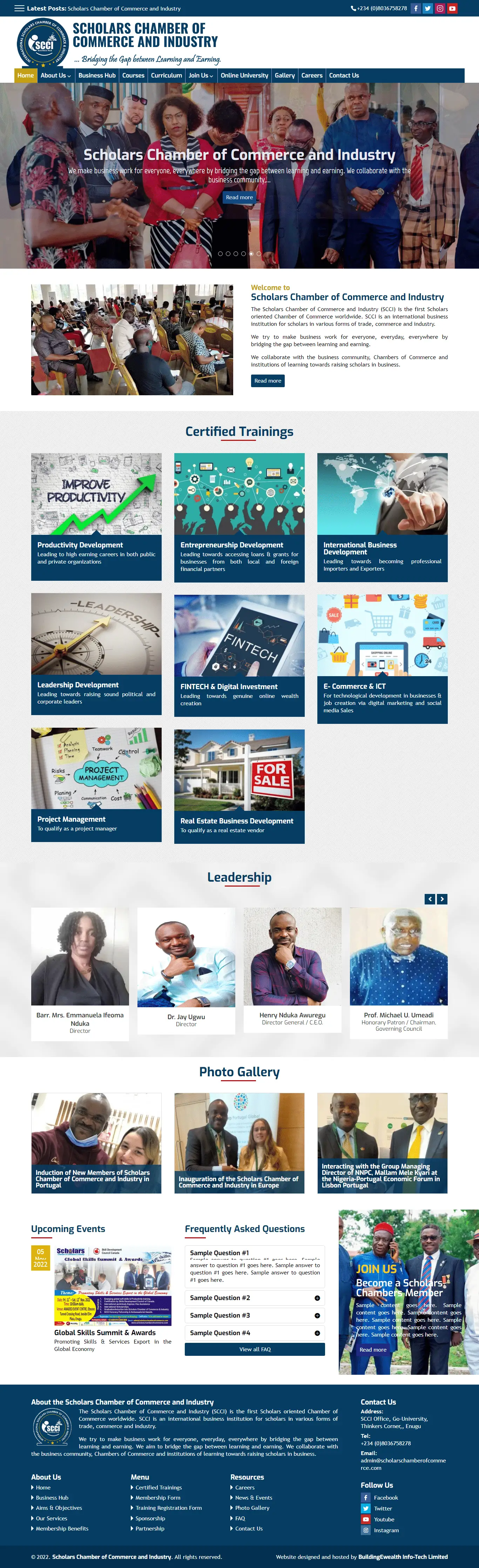 Scholars Chamber of Commerce and Industry Associations website homepage showing educational programs and business trainings