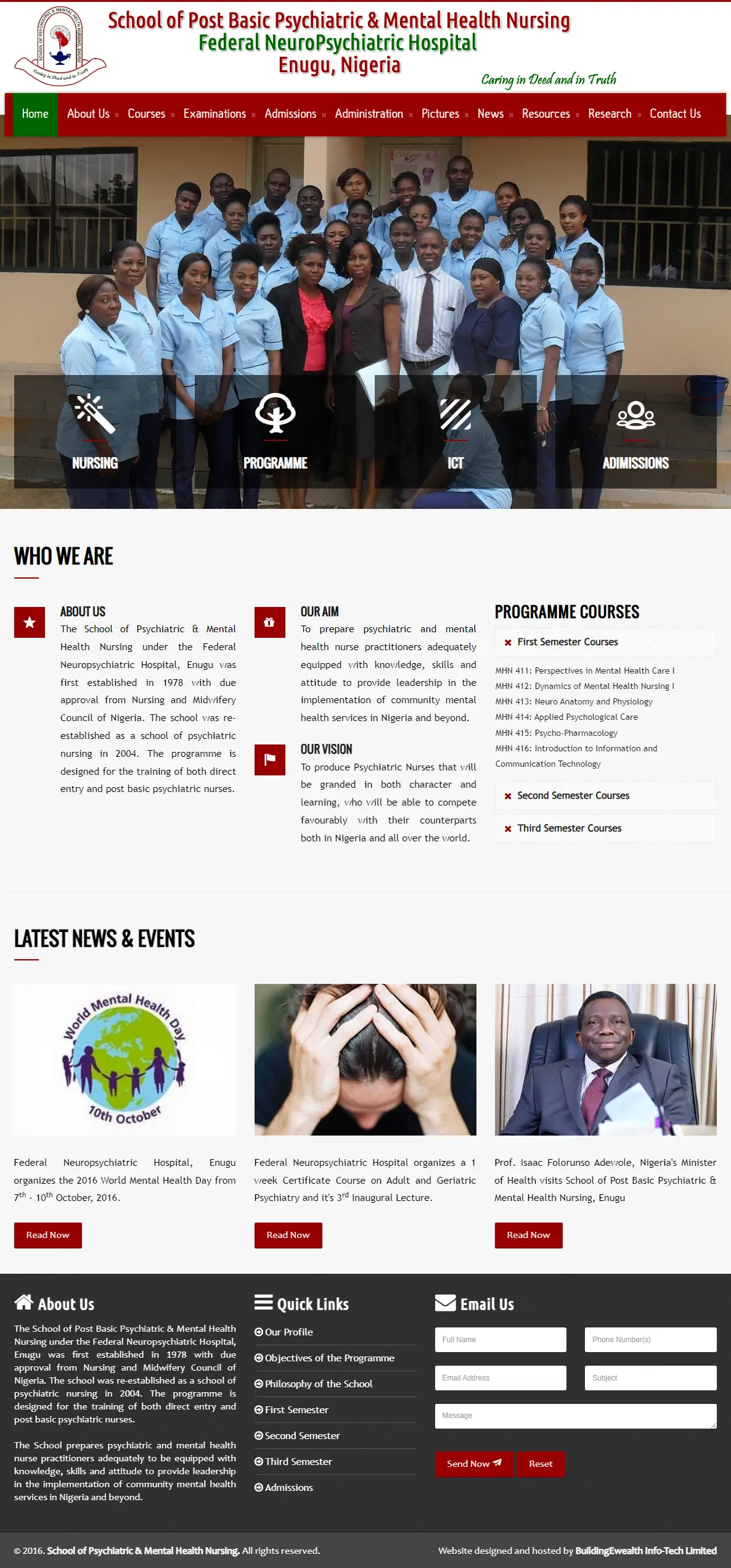 School of Post Basic Psychiatric and Mental Health Nursing Education website homepage showing programmes, admissions, and courses