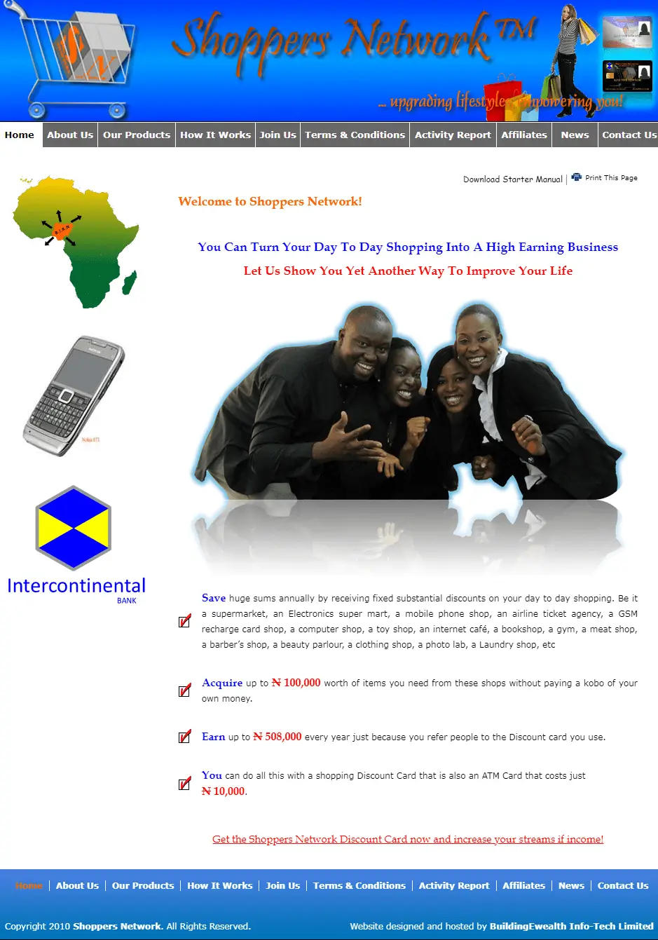 Shoppers Network Retail website homepage showing discount shopping, membership benefits, product access, and referral income