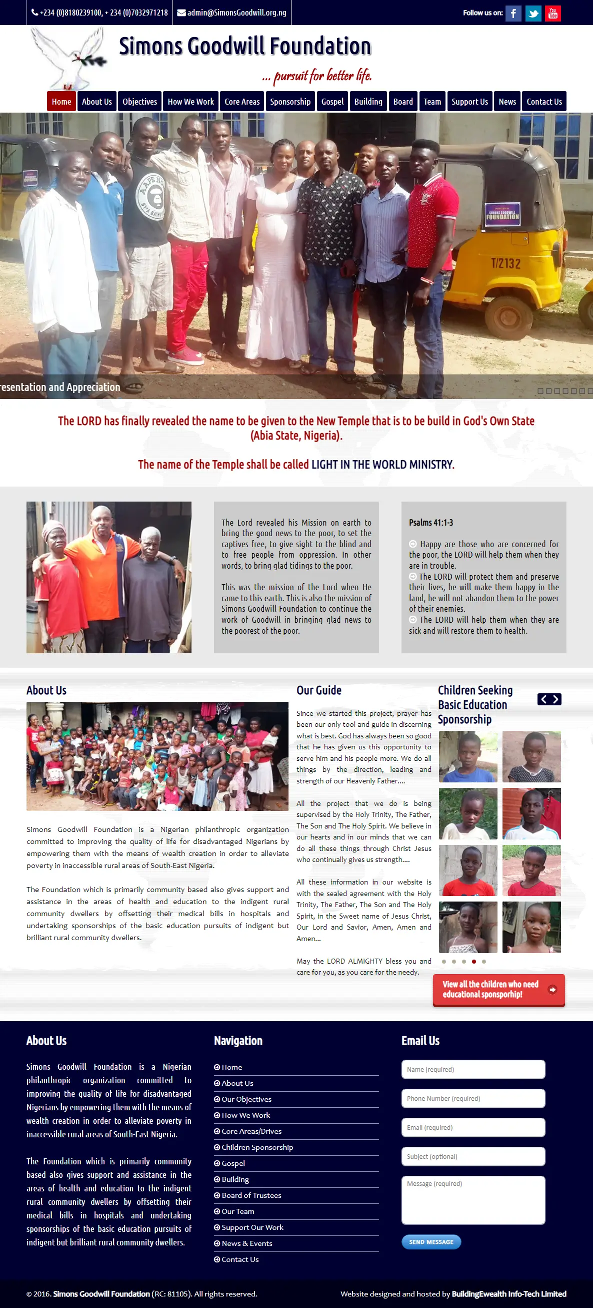 Simons Goodwill Foundation Nonprofit website homepage showing charitable, educational and community support projects