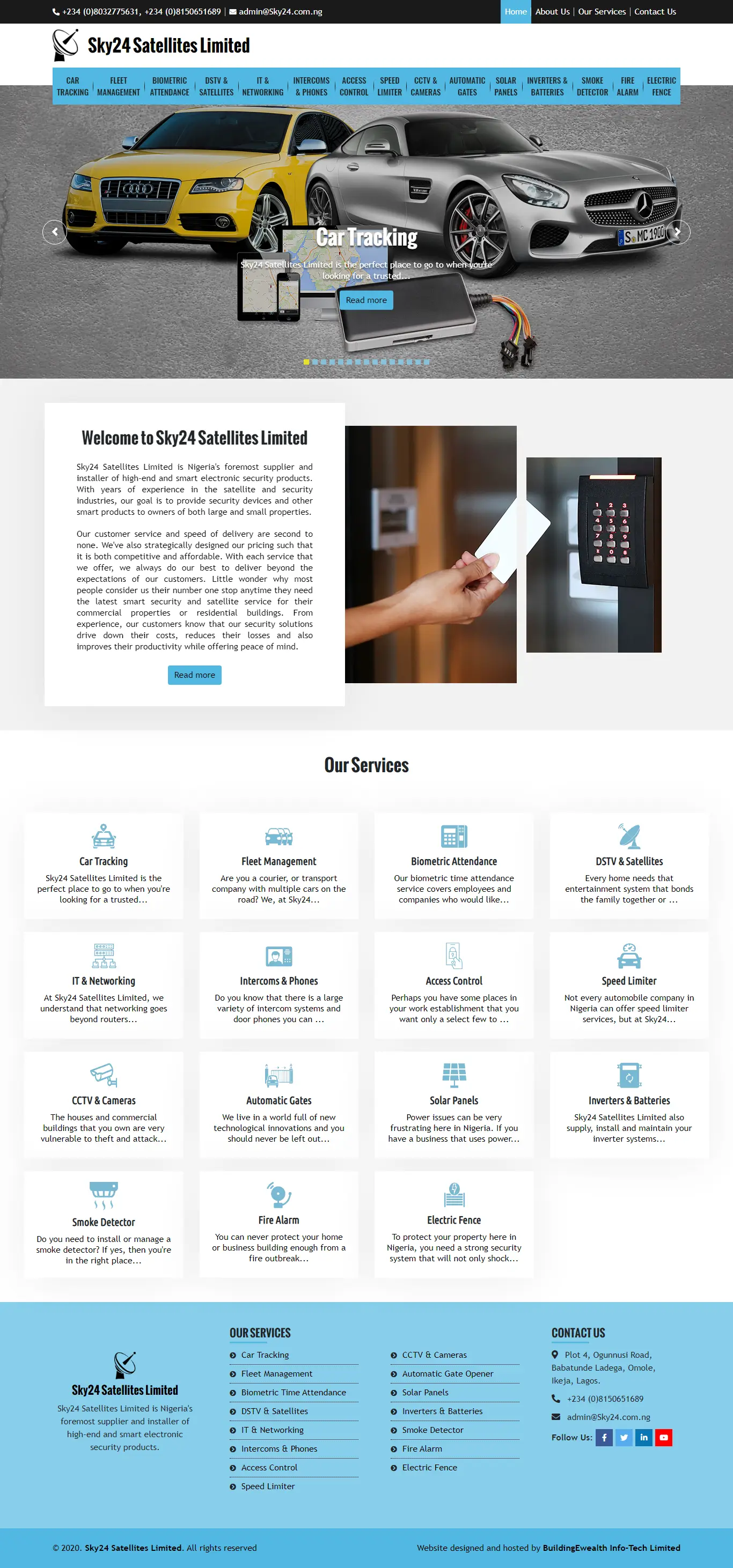 Sky24 Satellites Limited Engineering website homepage showing car tracking and CCTV solutions, biometrics, and access control