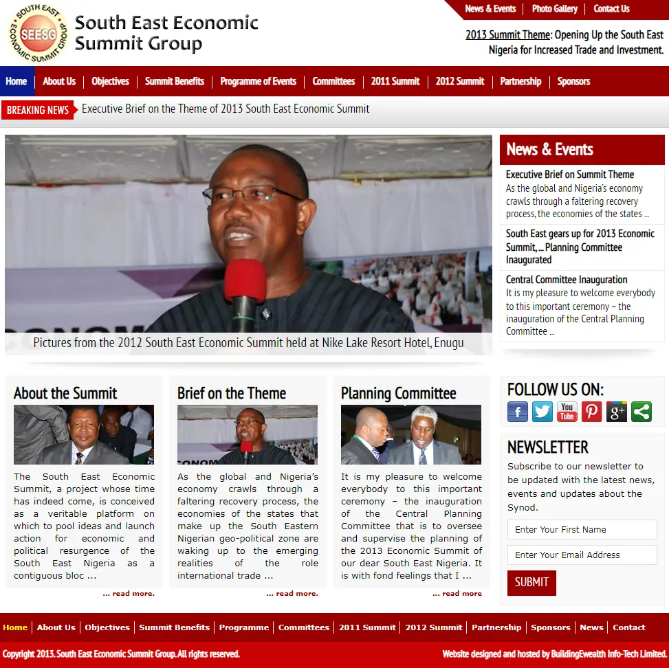 South East Economic Summit Events website homepage showing summit programs, partnerships, and regional development initiatives
