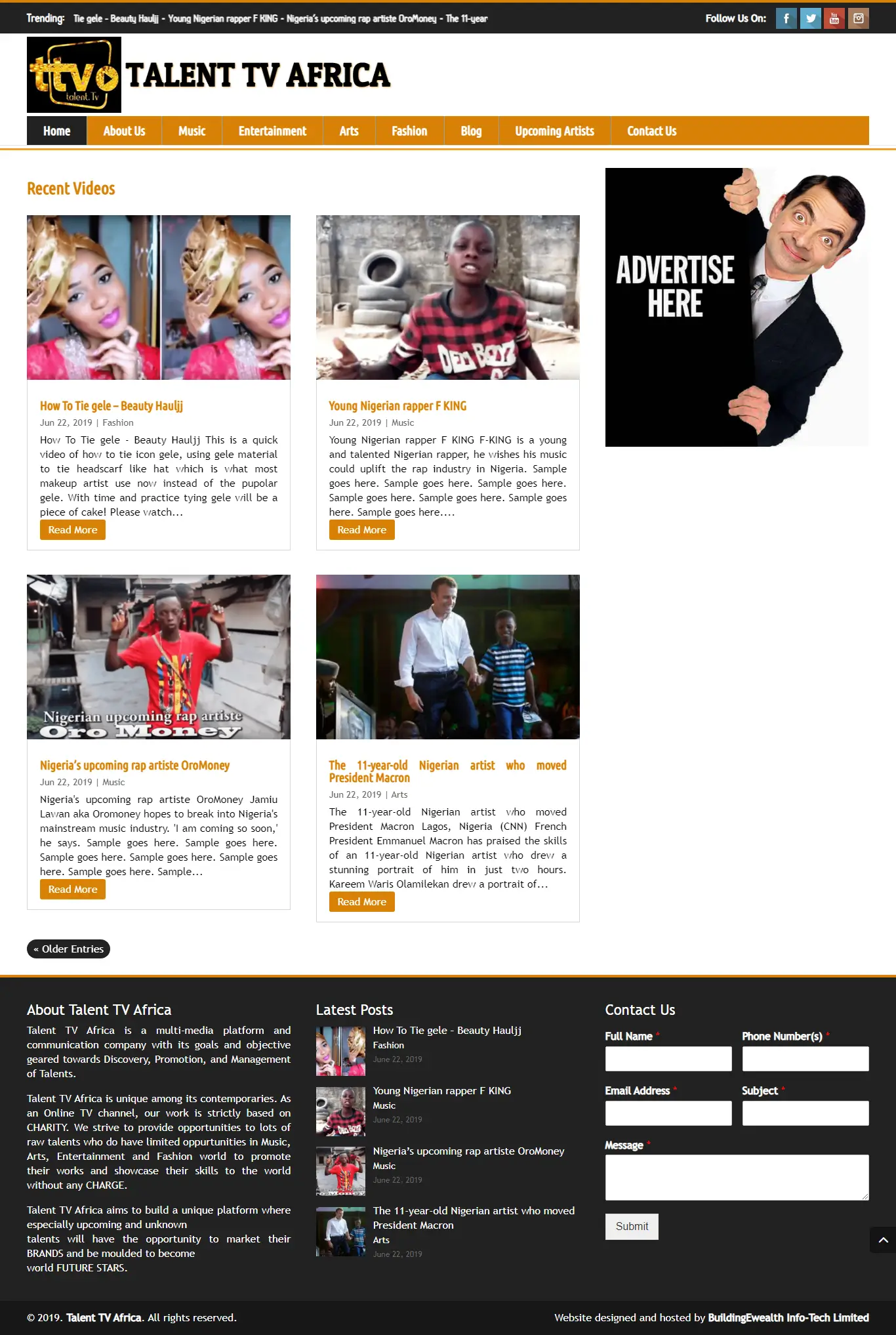Talent TV Africa Media website homepage showing entertainment news, music updates, fashion stories, arts, and media promotions