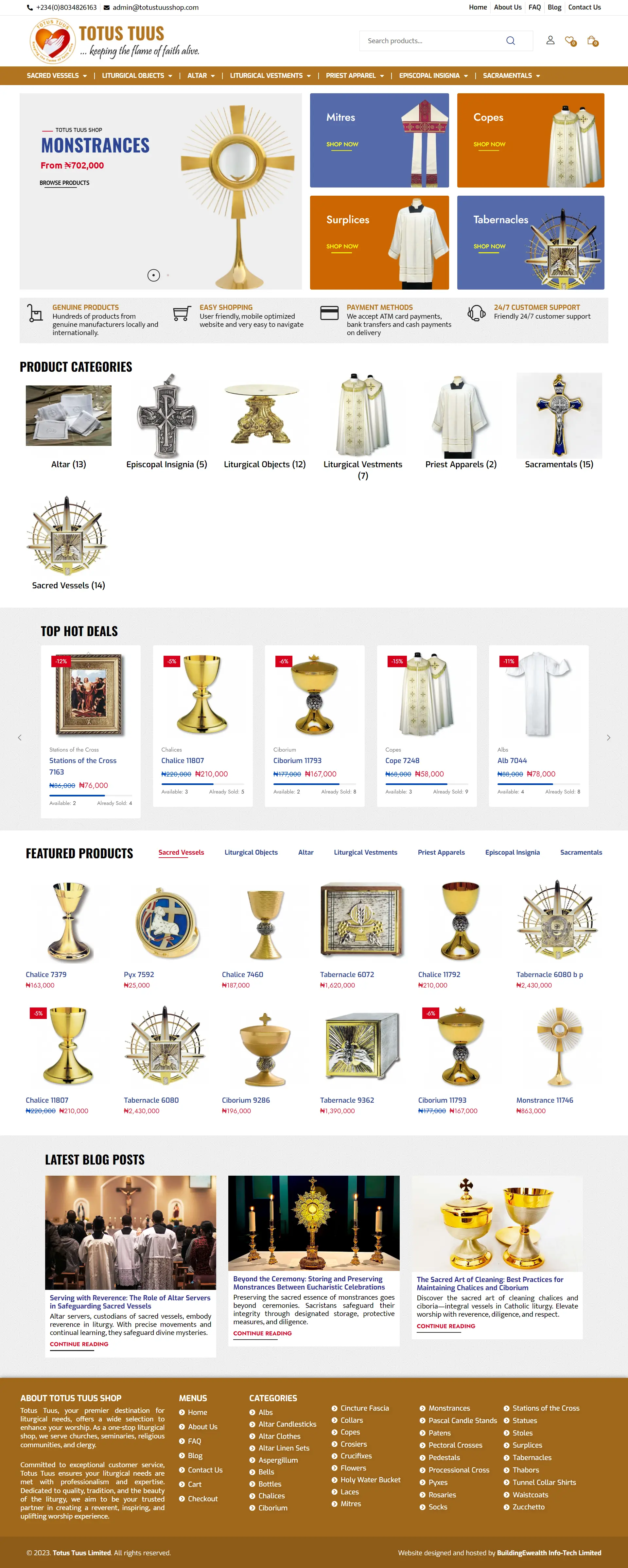 Totus Tuus Shop E-commerce website homepage showing liturgical products, sacred vessels, featured deals, and religious vestments