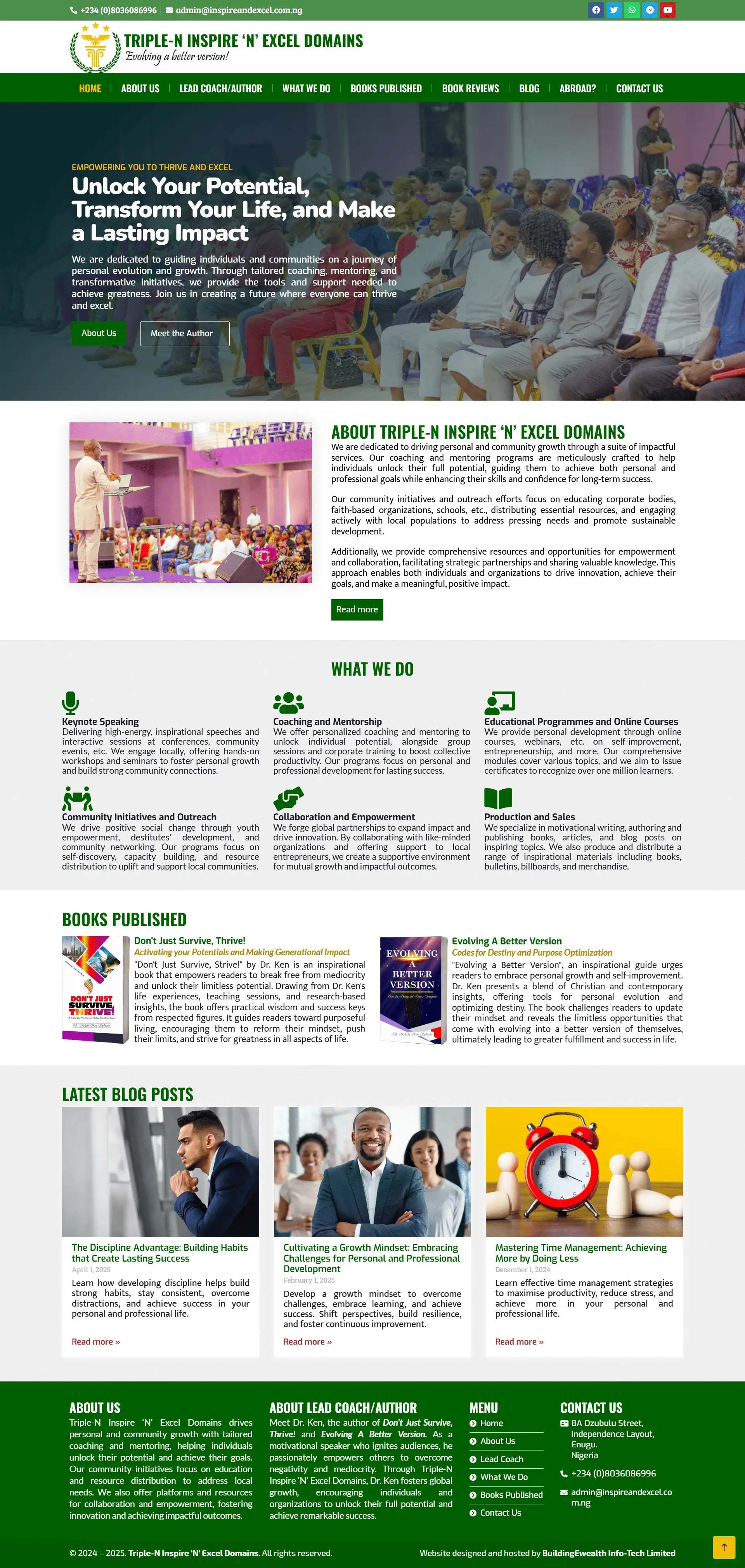 Triple-N Inspire ‘N’ Excel Domains Personal Brand website homepage showing coaching programmes, books, and mentorship services
