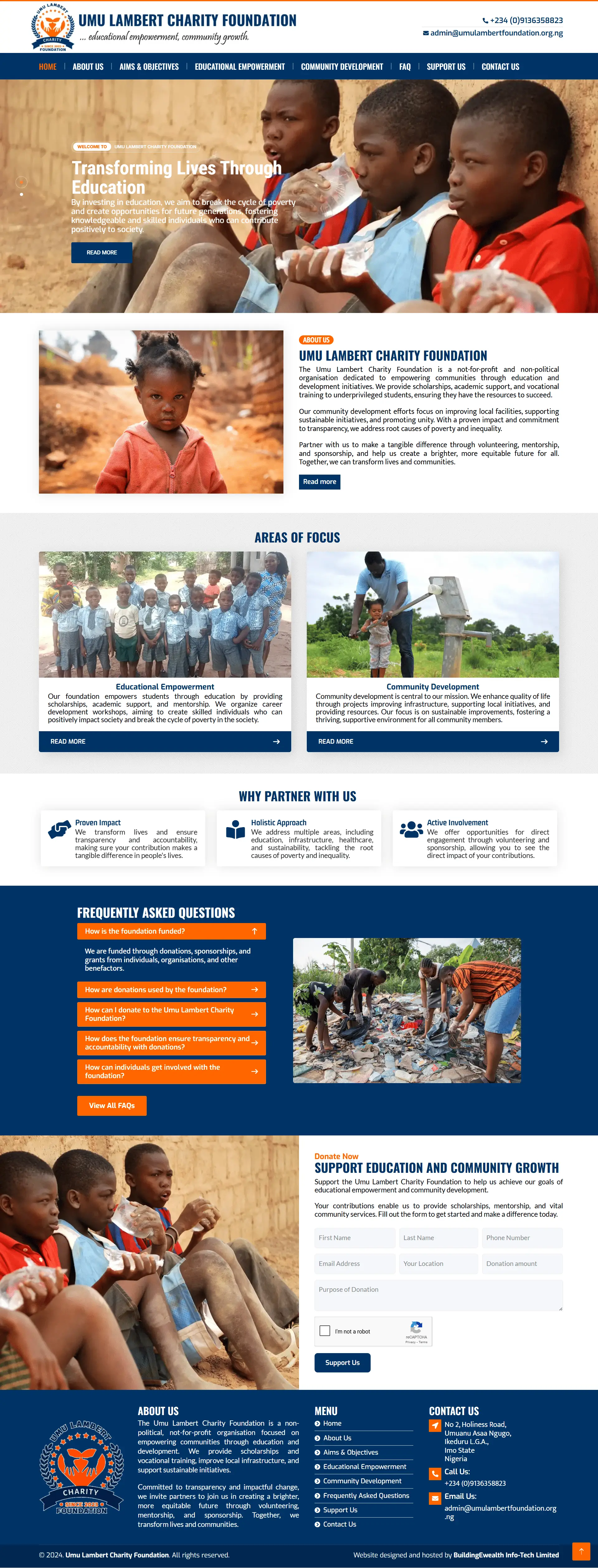 Umu Lambert Charity Foundation Nonprofit website homepage showing educational and community empowerment, and charity initiatives