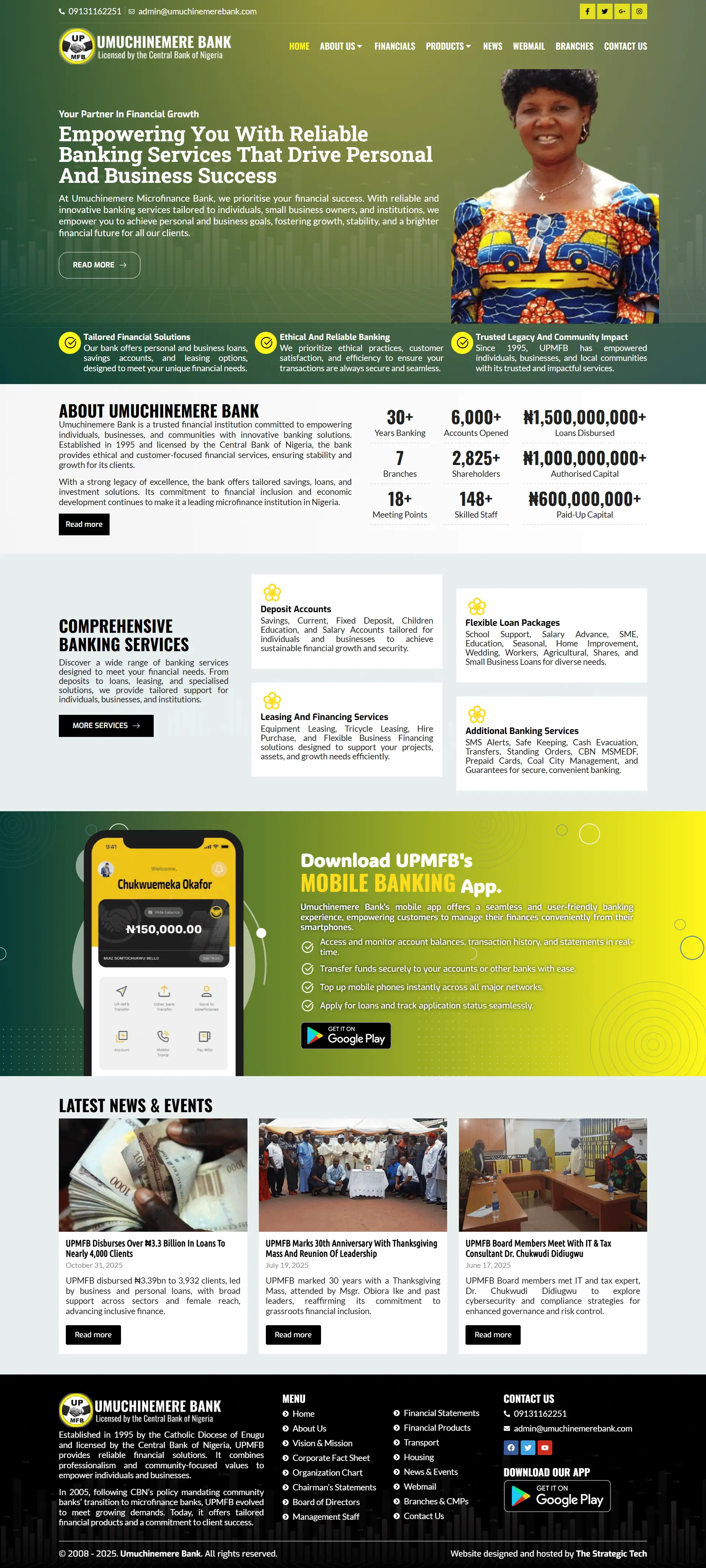 Umuchinemere Bank Finance website homepage showing banking services, loan packages, mobile banking app, and financial statistics