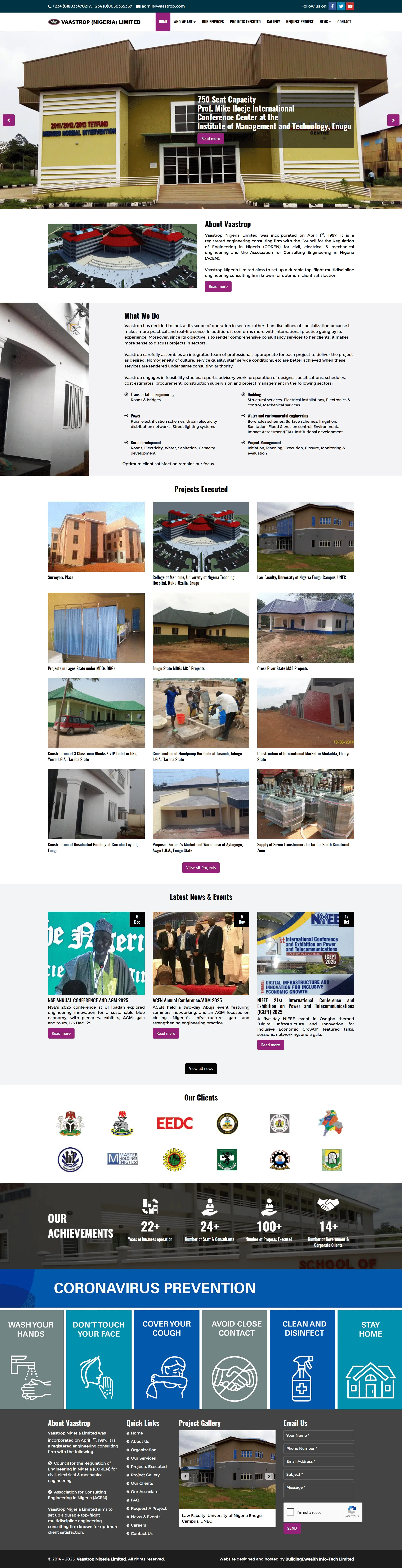 Vaastrop Nigeria Limited Engineering website homepage showing engineering services, constructions and infrastructure development
