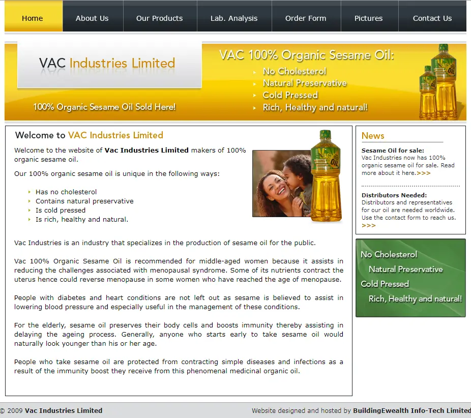 VAC Industries Limited Food Processing website homepage showing organic sesame oil, product benefits, and health information