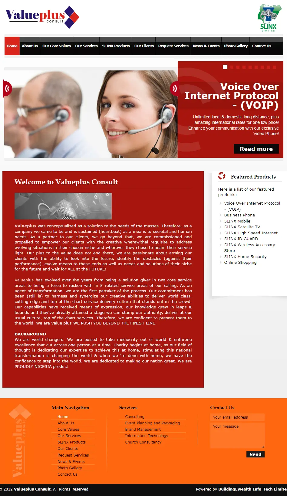 Valueplus Consult Consulting website homepage showing consulting services, VOIP solutions, and featured products