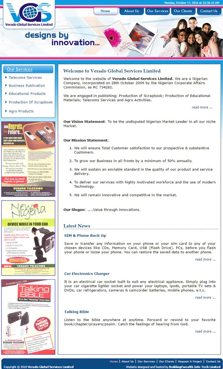 Verado Global Services Limited Conglomerate website homepage showing telecom services, educational products, and agro activities