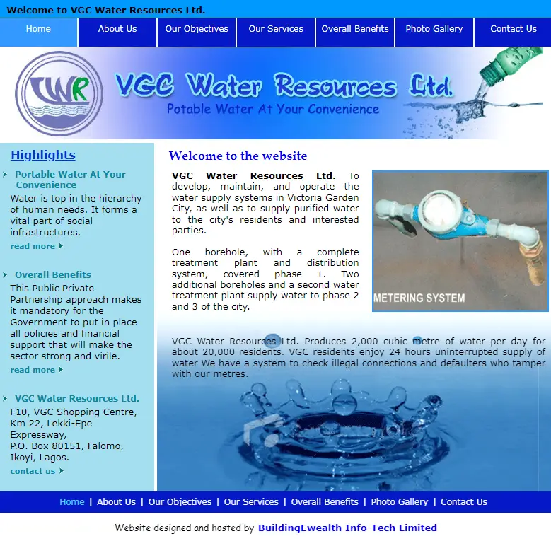VGC Water Resources Ltd. Engineering website homepage showing potable water systems, water distribution and metering services