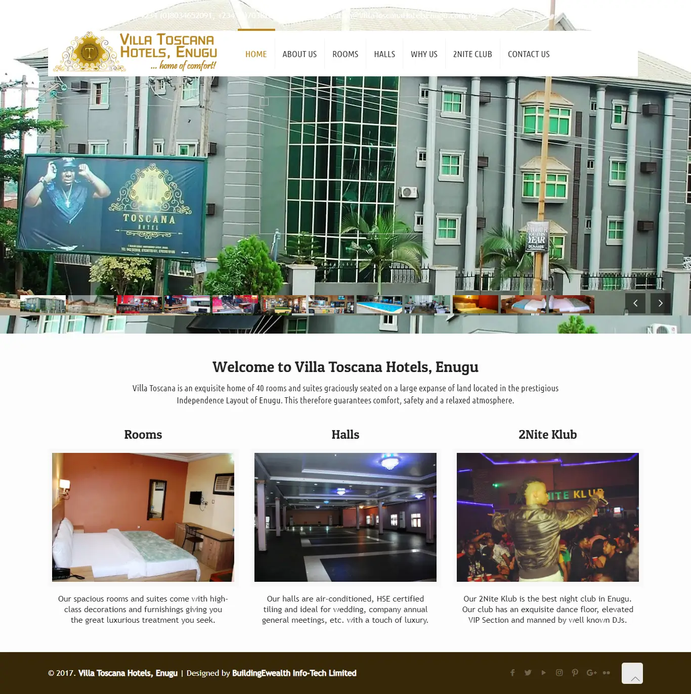 Villa Toscana Hotels, Enugu Hotels website homepage showing hotel rooms, event halls, nightclub facilities, and luxury accommodations
