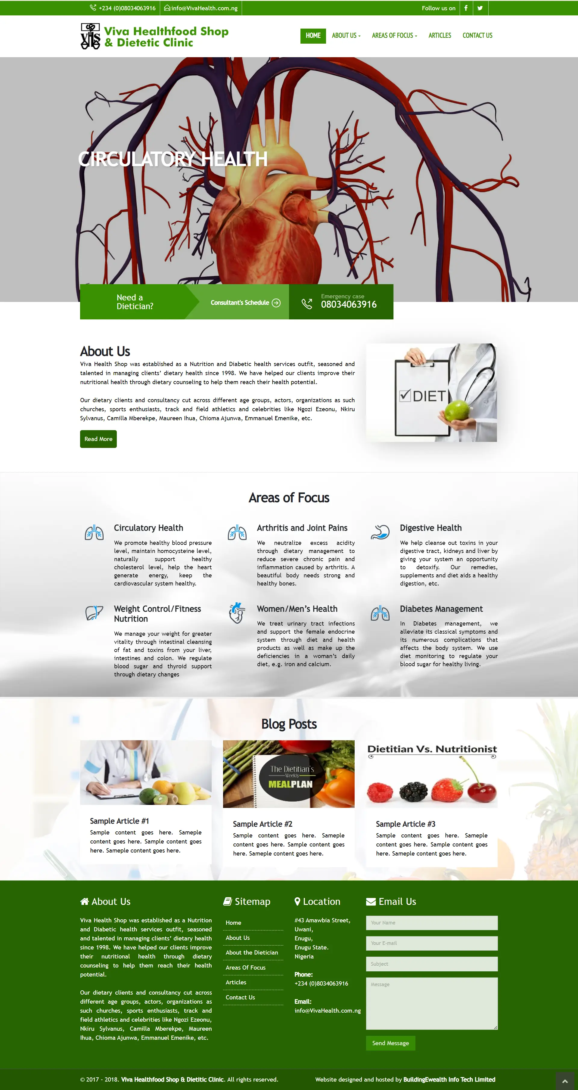 Viva Healthfood Shop and Dietetic Clinic Wellness website homepage showing dietary, circulatory health, and nutrition services