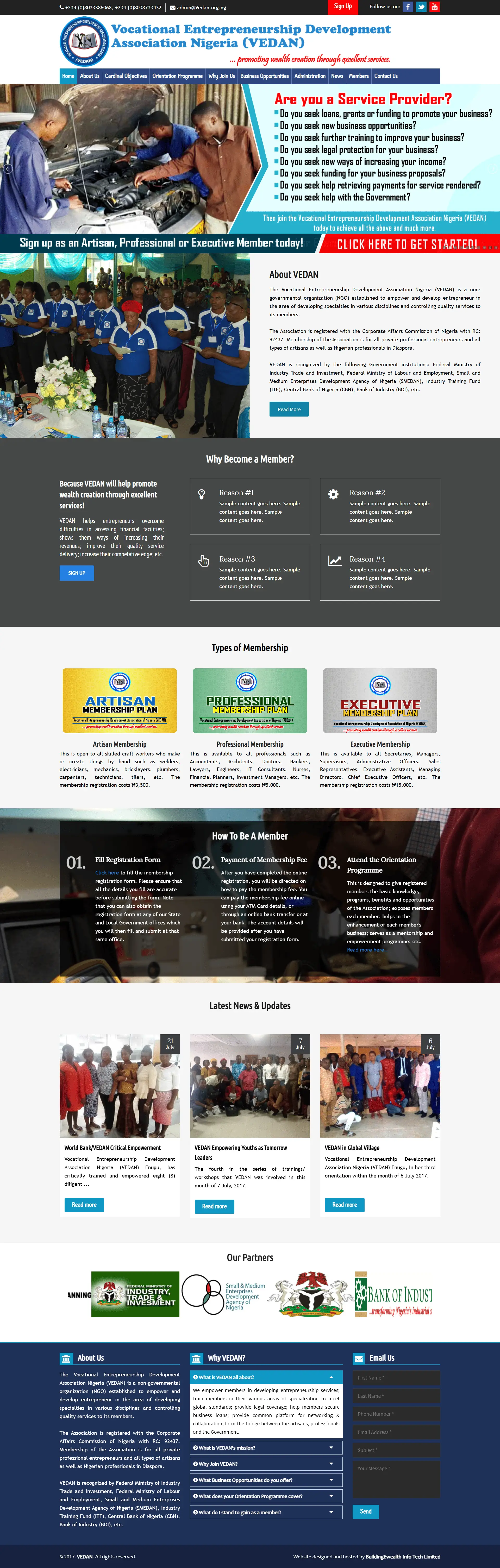 Vocational Entrepreneurship Development Association Nigeria Associations website homepage showing entrepreneurship training