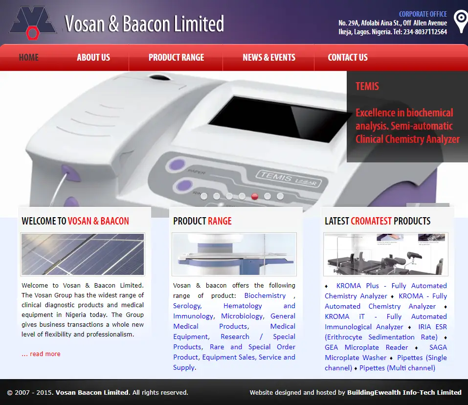 Vosan and Baacon Limited Medical Devices website homepage showing medical supplies, laboratory and clinical diagnostic products