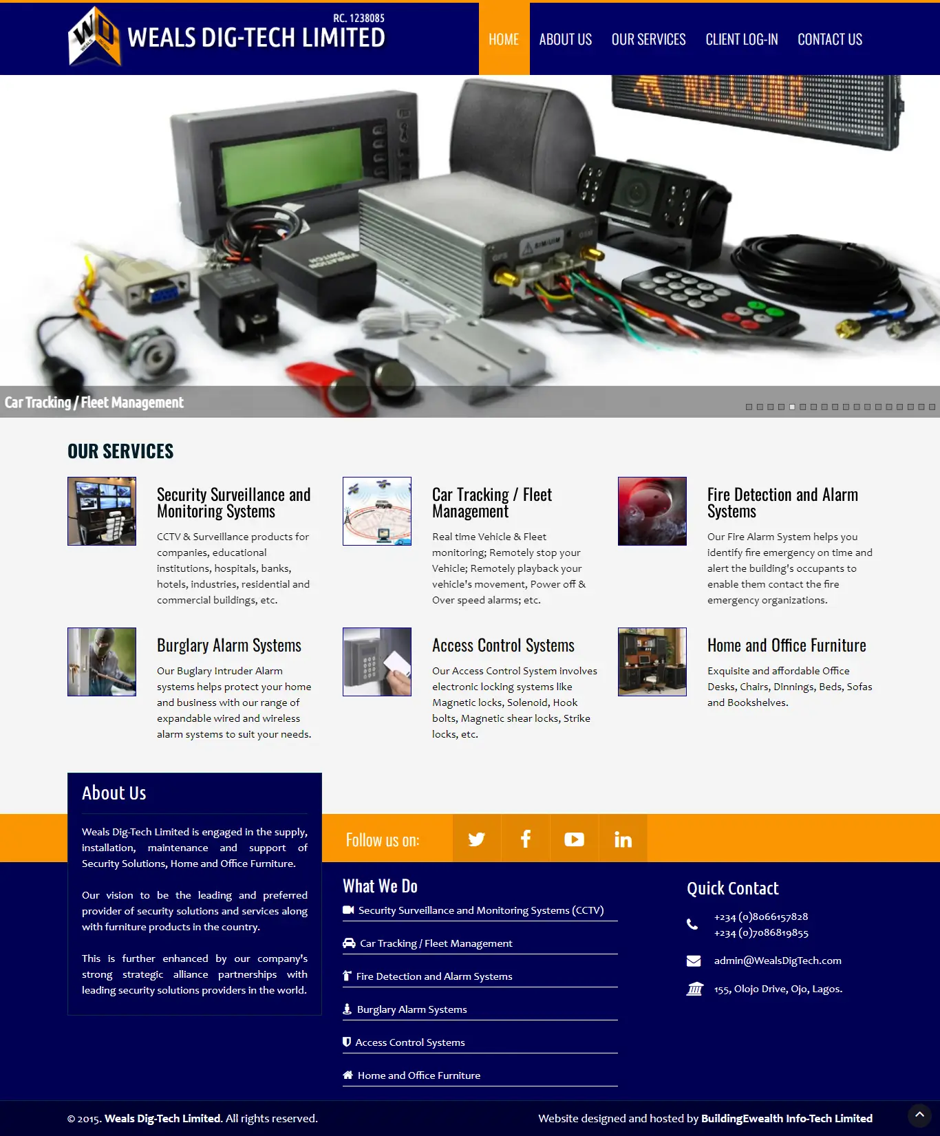 Weals Dig-Tech Limited Engineering website homepage showing security surveillance, fleet management, and access control services