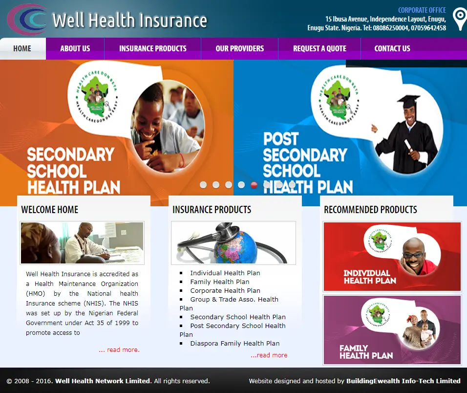 Well Health Network Limited Insurance website homepage showing family health services, health insurance plans and products