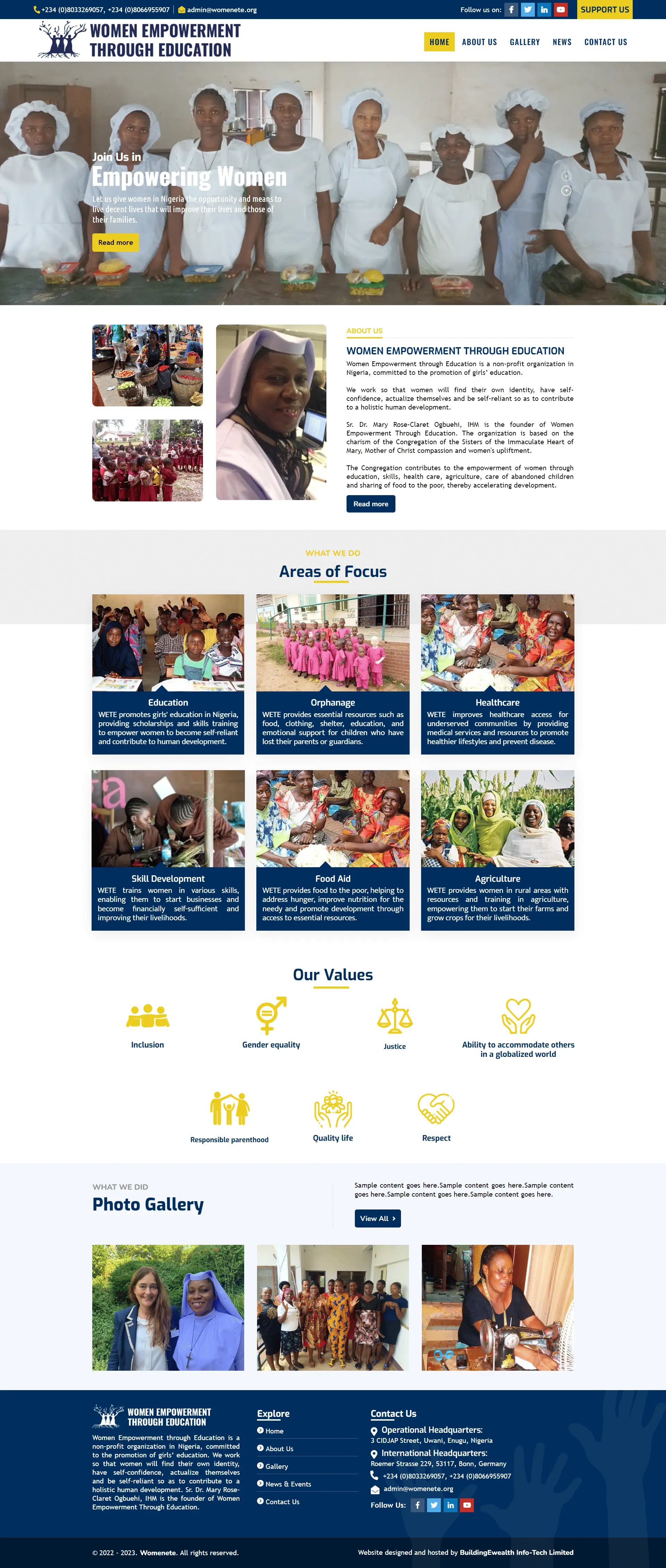 Women Empowerment Through Education Nonprofit website homepage showing empowerment programs and education support