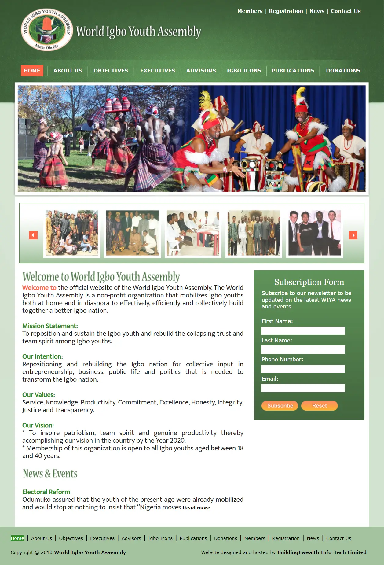 World Igbo Youth Assembly Communities website homepage showing cultural activities, youth empowerment programs, and memberships