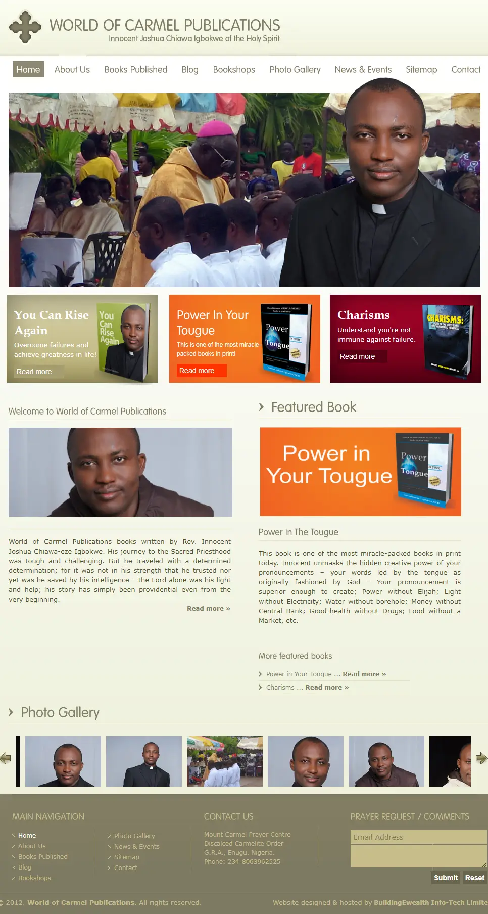 World of Carmel Publications Authors website homepage showing published books, featured publications, and religious content