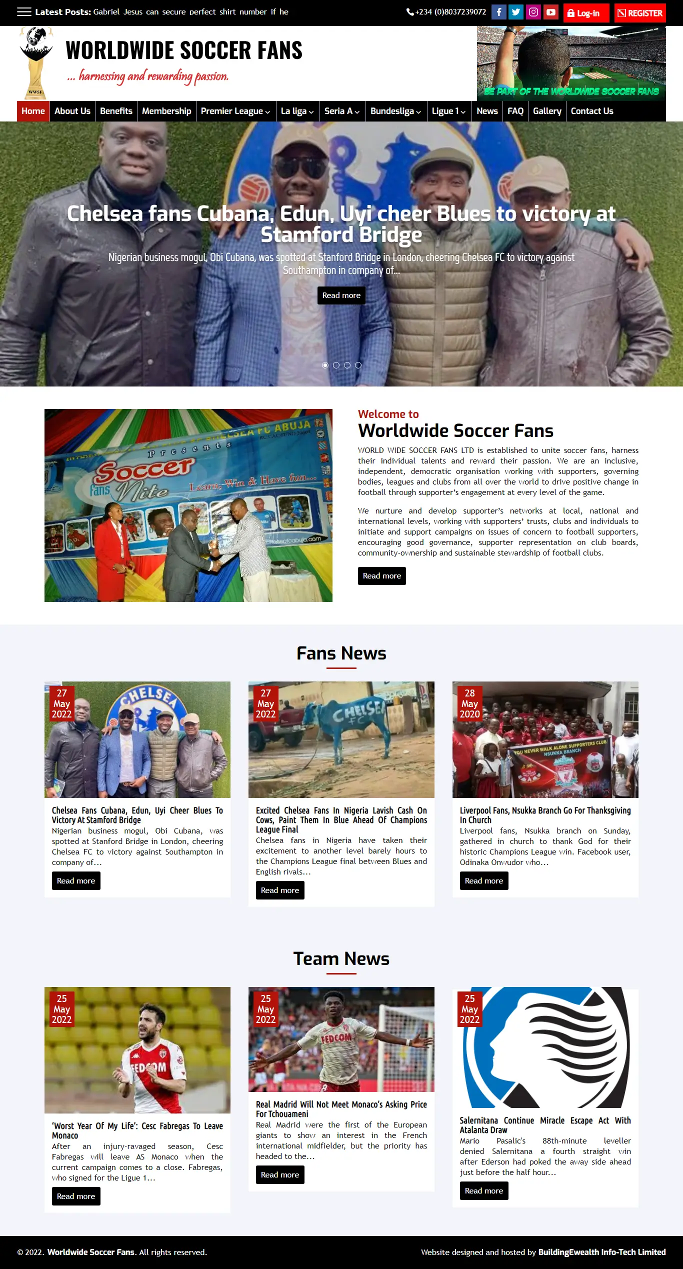 Worldwide Soccer Fans Sports website homepage showing football fan news, supporter activities, and sports community events