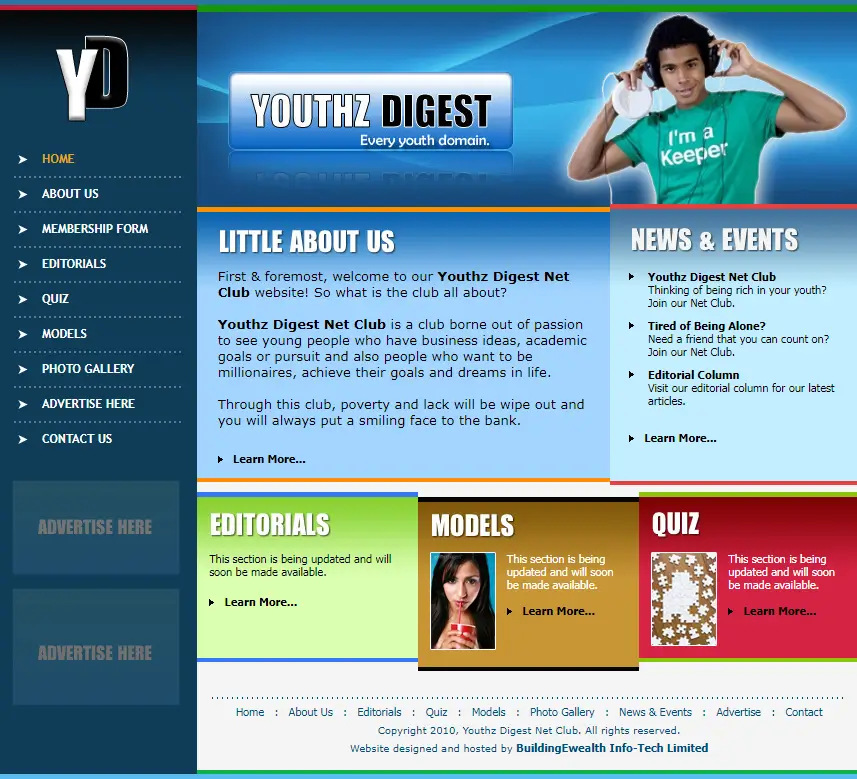 Youthz Digest Net Club Associations website homepage showing youth membership programs, editorials, quizzes, and community events